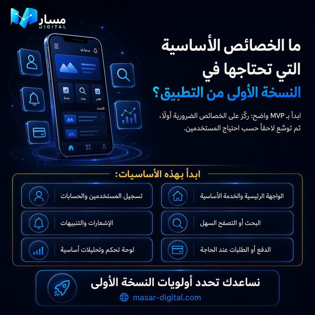 ما الخصائص الأساسية في النسخة الأولى من التطبيق؟